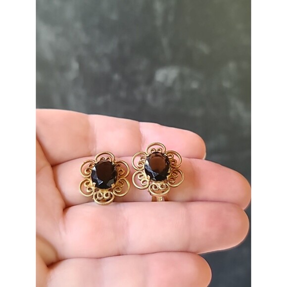 12K Gold Filled Winard Oval Cut Smoky Quartz Floral Clip-On Earrings Vintage - Picture 4 of 10
